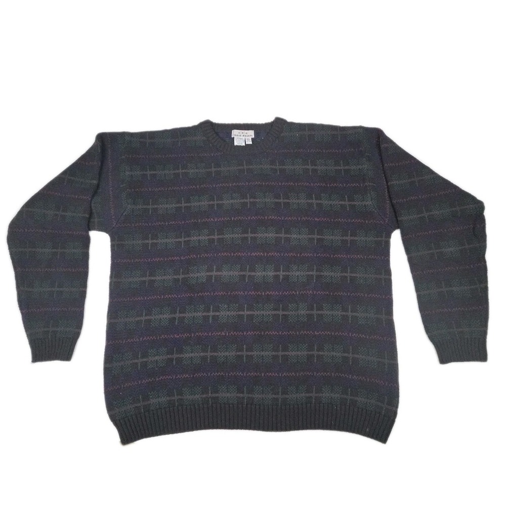 Vintage 90s AKA Eddie Bauer Sweater Geometric Tartan Stripe Cotton XL‎ Tall